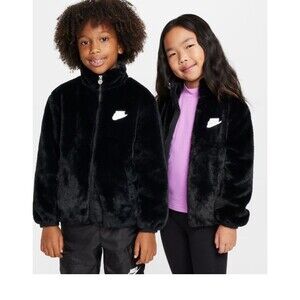Nike Black Faux Fur Jacket Toddler Size Medium 5/6 Futura Embroidered Swoosh